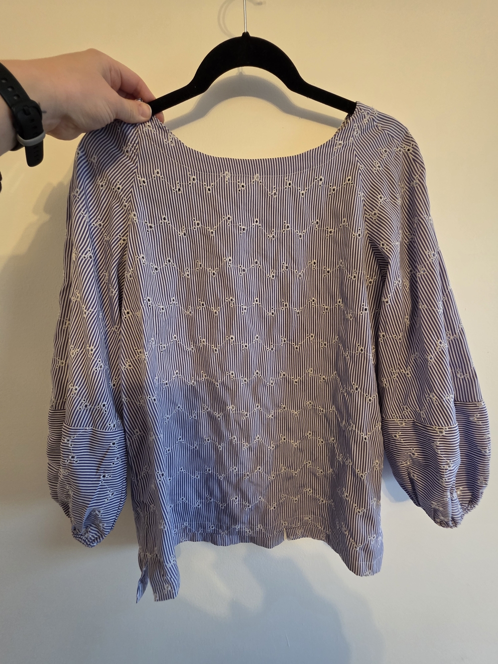 LOFT Blue Striped Eyelet Balloon-Sleeve Blouse